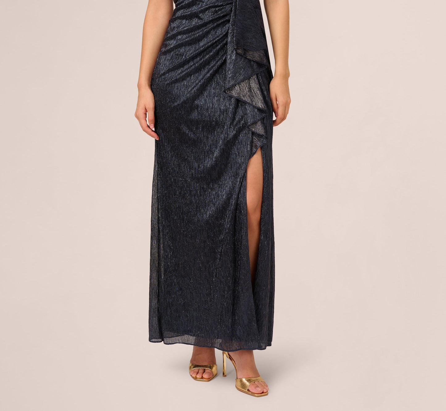Draped Metallic Foil Long Dress In Navy