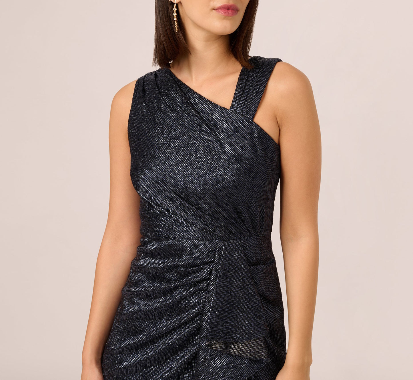 Draped Metallic Foil Long Dress In Navy