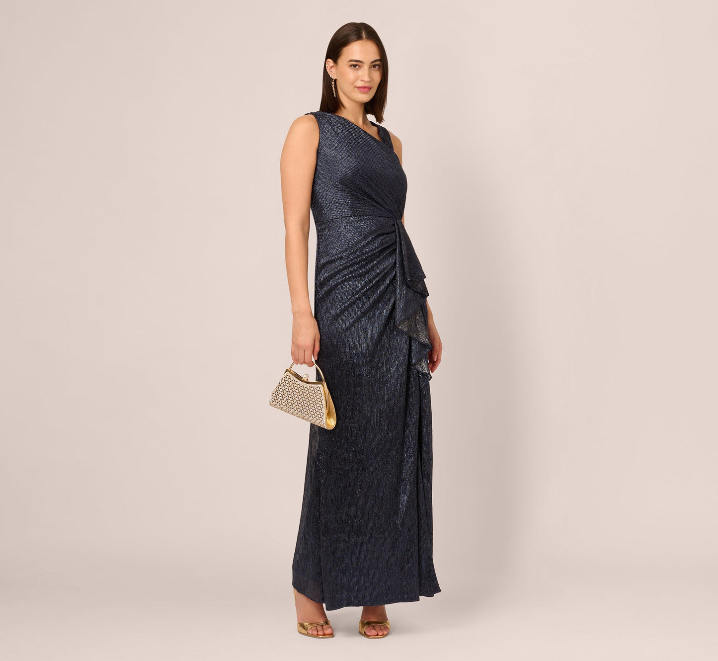Draped Metallic Foil Long Dress In Navy