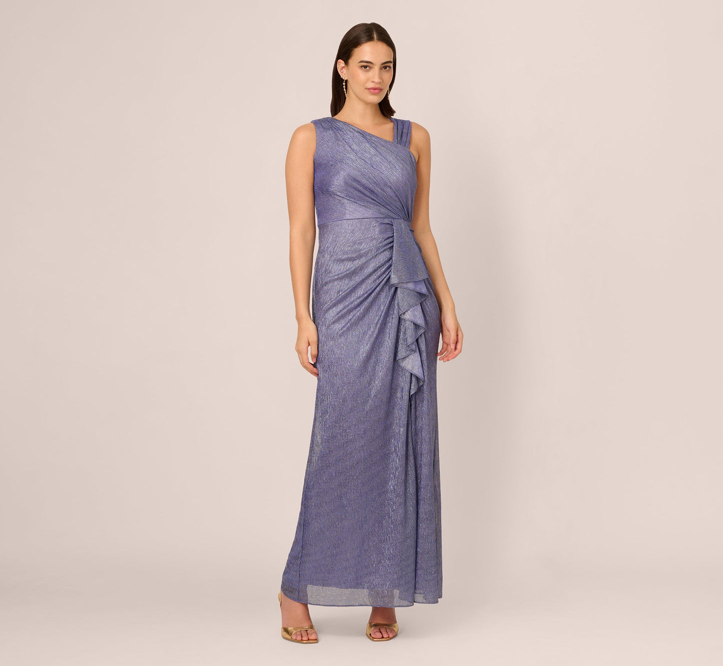 Draped Metallic Foil Long Dress In Peri Cruise
