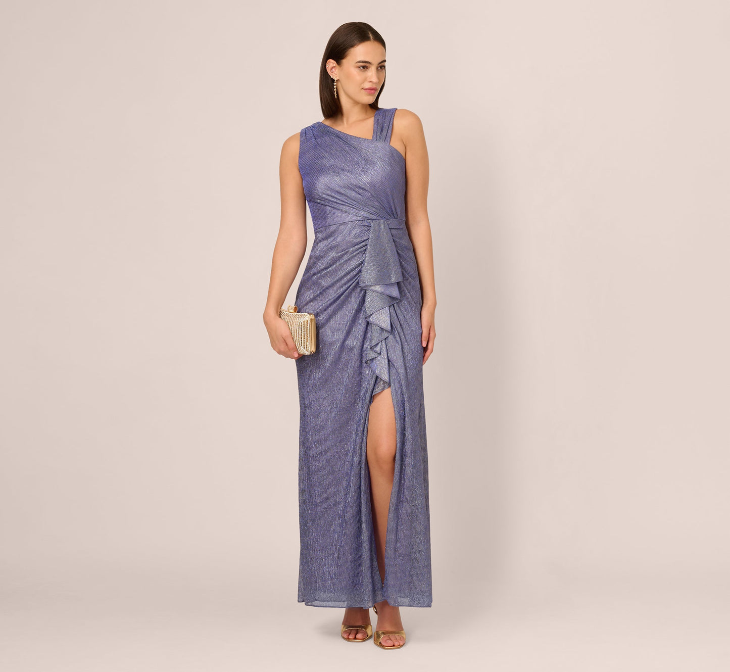 Draped Metallic Foil Long Dress In Peri Cruise