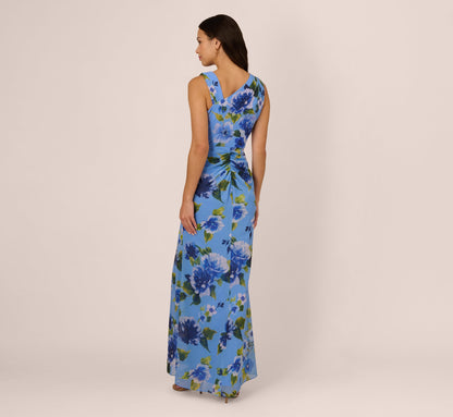 Asymmetrical Draped Floral Chiffon Gown In Blue Multi