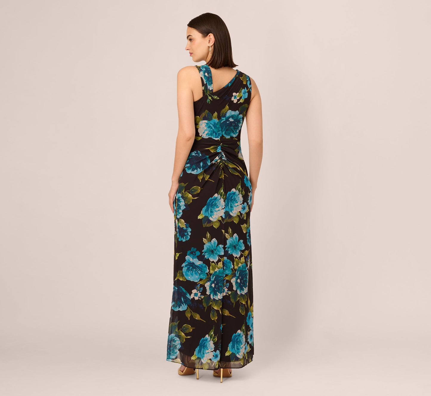 Asymmetrical Draped Floral Chiffon Gown In Black Multi