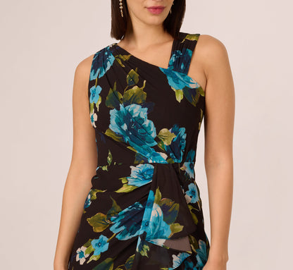 Asymmetrical Draped Floral Chiffon Gown In Black Multi