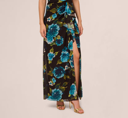 Asymmetrical Draped Floral Chiffon Gown In Black Multi