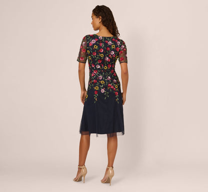 Short Sleeve Floral Beaded Midi Dress In Navy Multi