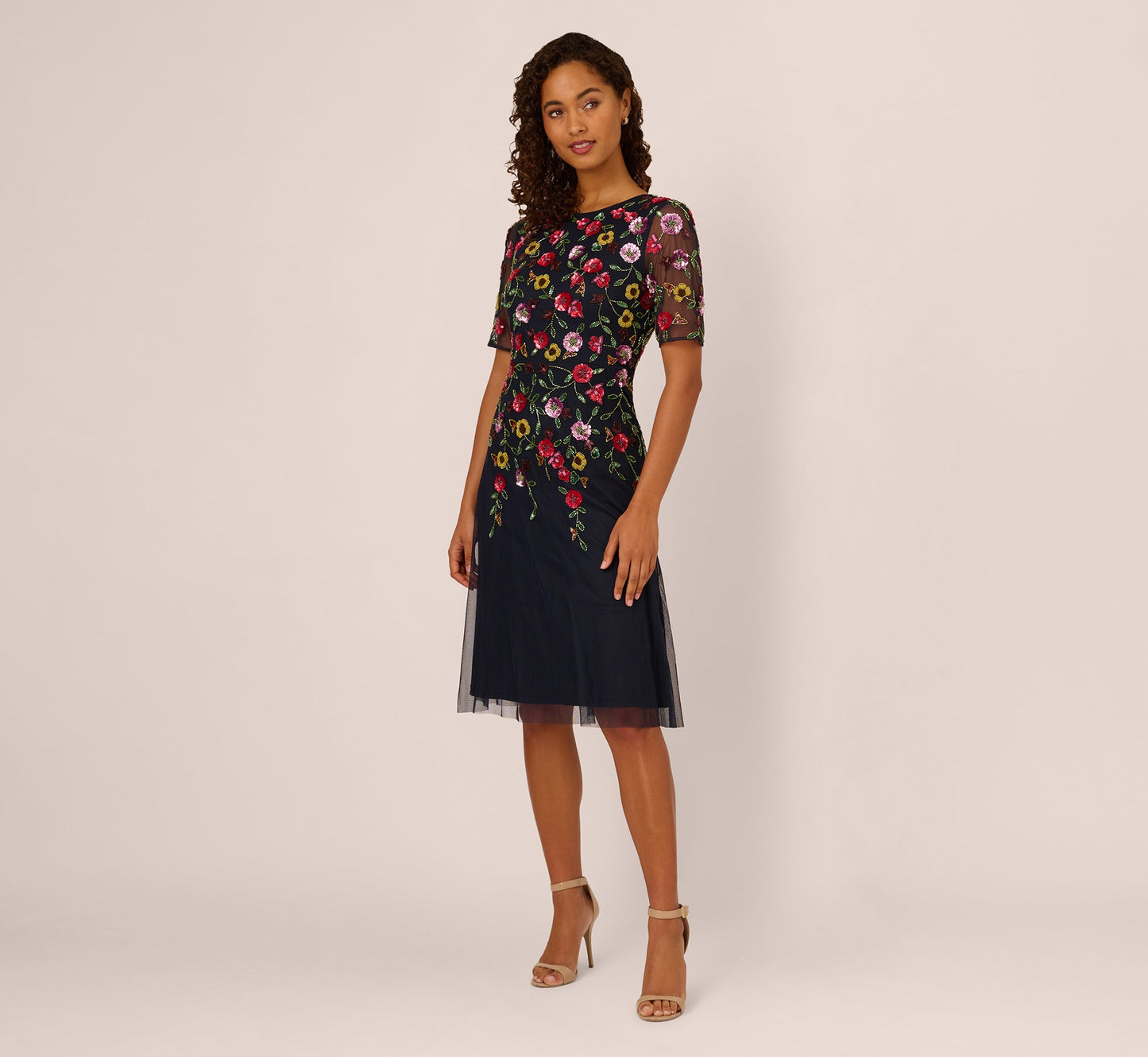 Short Sleeve Floral Beaded Midi Dress In Navy Multi