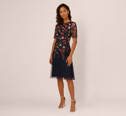 Short Sleeve Floral Beaded Midi Dress In Navy Multi