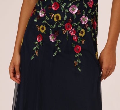 Short Sleeve Floral Beaded Midi Dress In Navy Multi