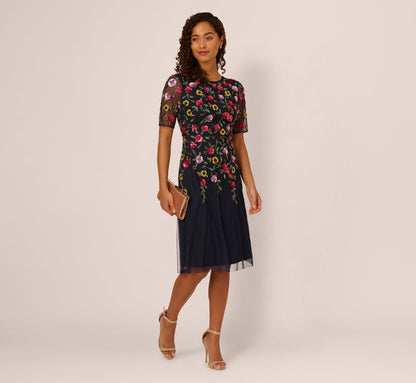 Short Sleeve Floral Beaded Midi Dress In Navy Multi