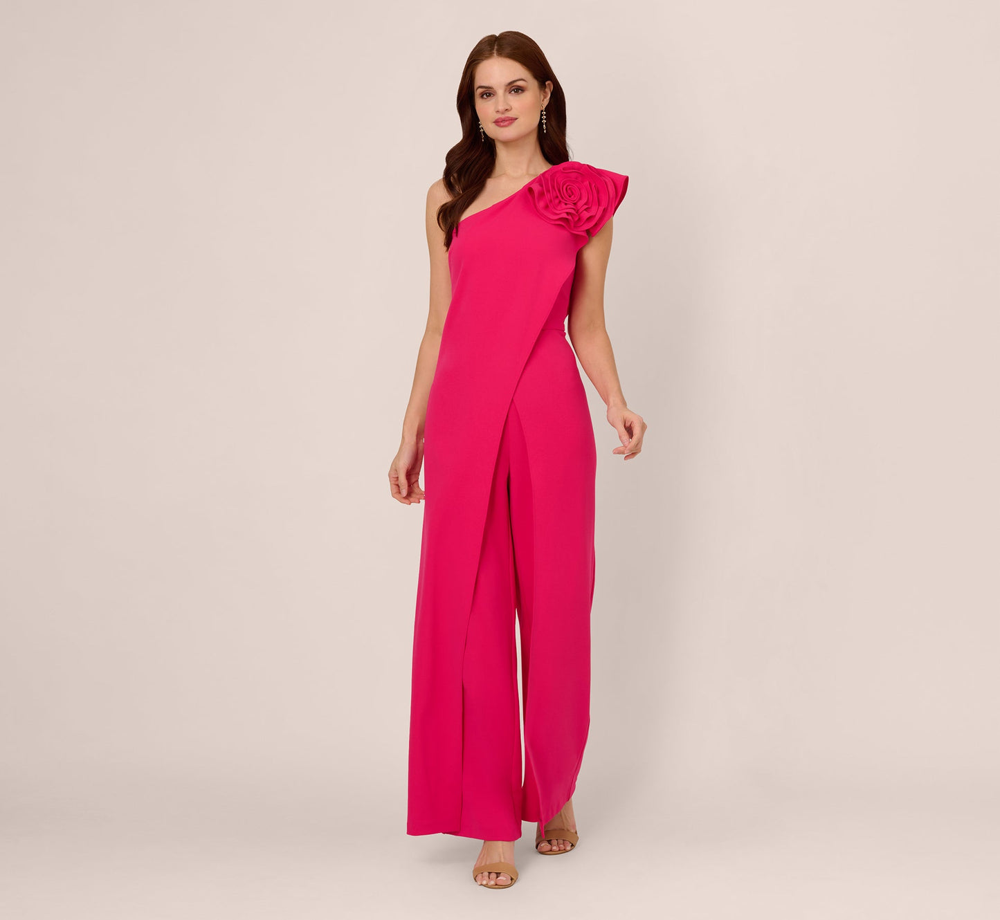 One Shoulder Rosette Overlay Jumpsuit In Geranium