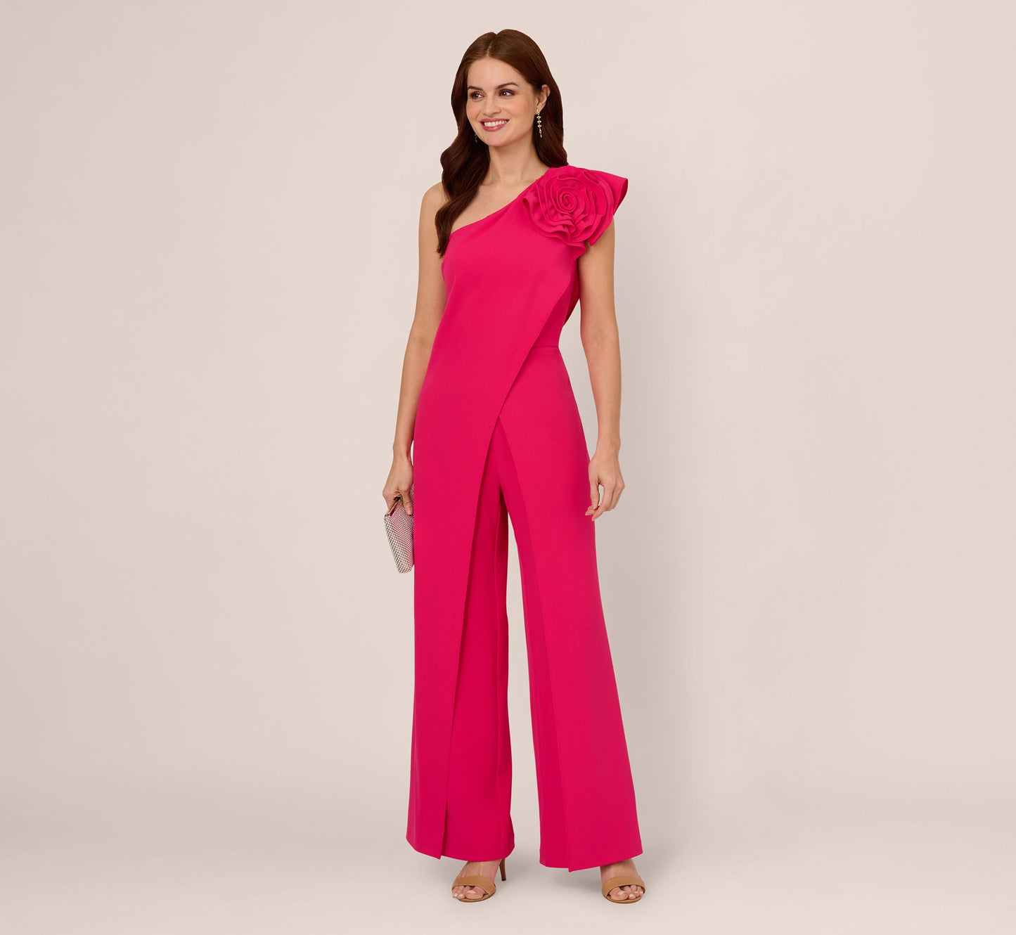 One Shoulder Rosette Overlay Jumpsuit In Geranium