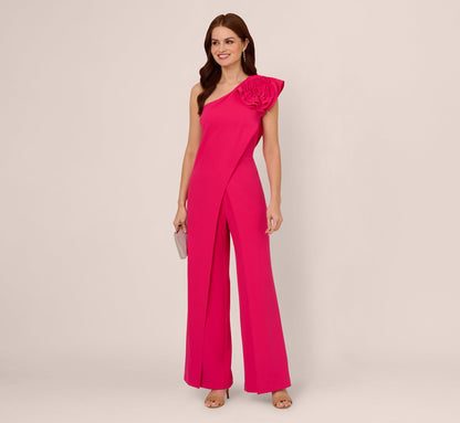 One Shoulder Rosette Overlay Jumpsuit In Geranium