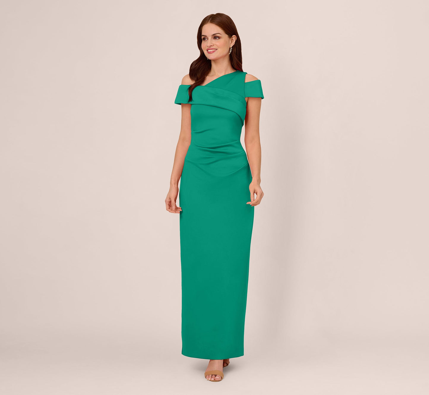 Asymmetrical Draped Column Gown In Emerald