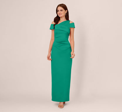 Asymmetrical Draped Column Gown In Emerald