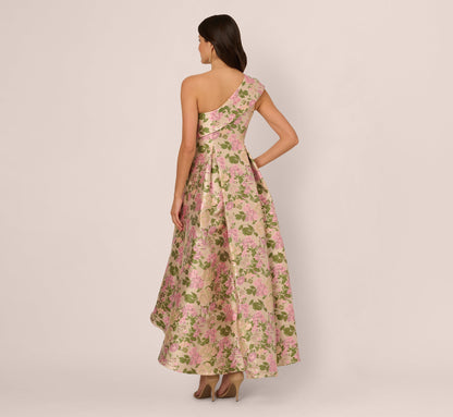 One Shoulder Metallic Floral Jacquard High Low Gown In Pink Green Multi