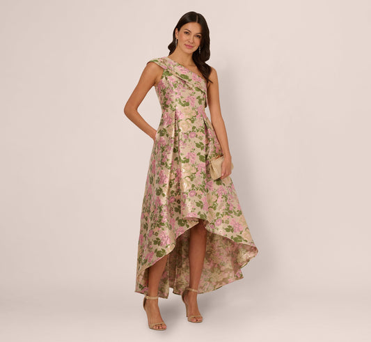One Shoulder Metallic Floral Jacquard High Low Gown In Pink Green Multi