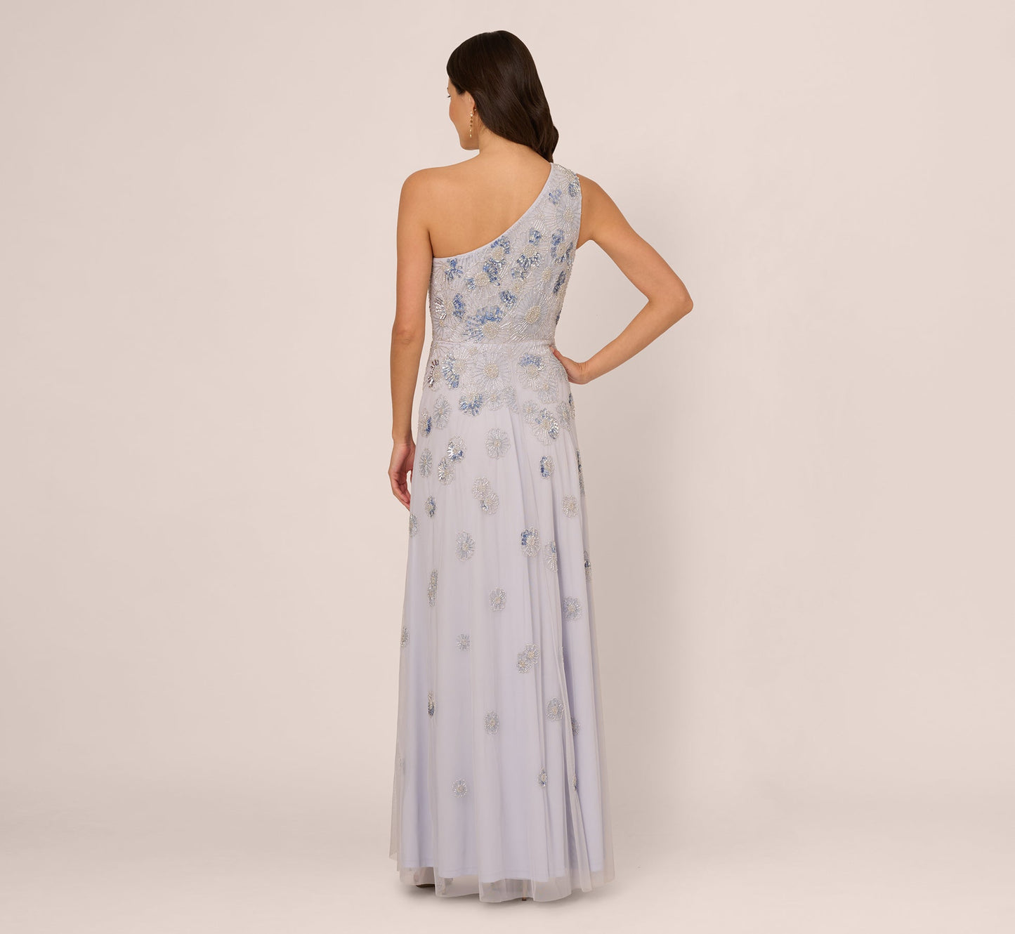 One Shoulder Beaded Mesh Gown In Serenity