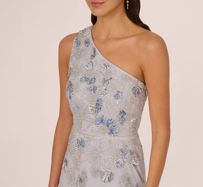One Shoulder Beaded Mesh Gown In Serenity