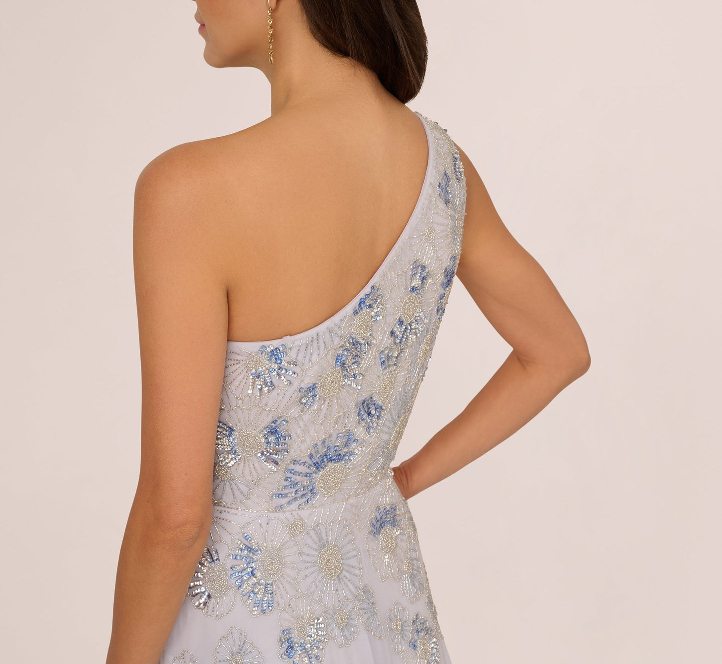 One Shoulder Beaded Mesh Gown In Serenity