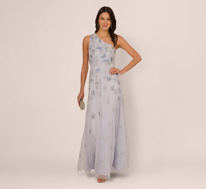 One Shoulder Beaded Mesh Gown In Serenity