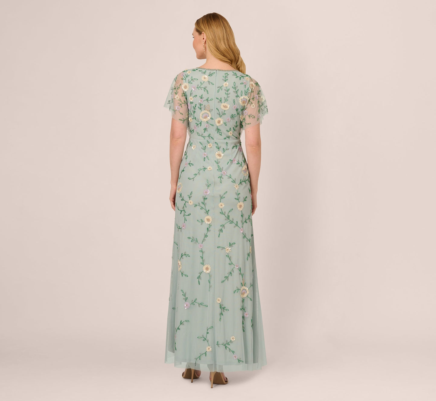 Flutter Sleeve Beaded Wrap Dress In Aqua Dust