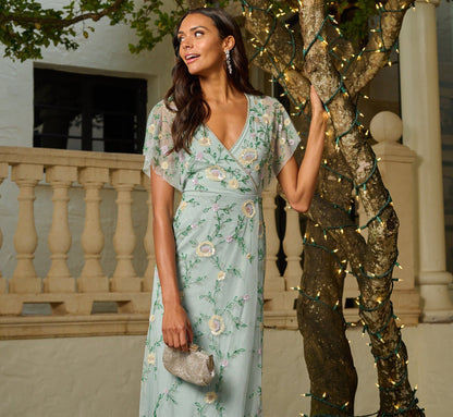 Flutter Sleeve Beaded Wrap Dress In Aqua Dust