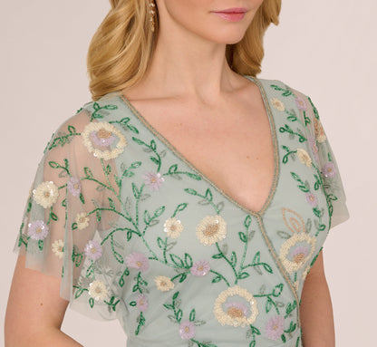 Flutter Sleeve Beaded Wrap Dress In Aqua Dust