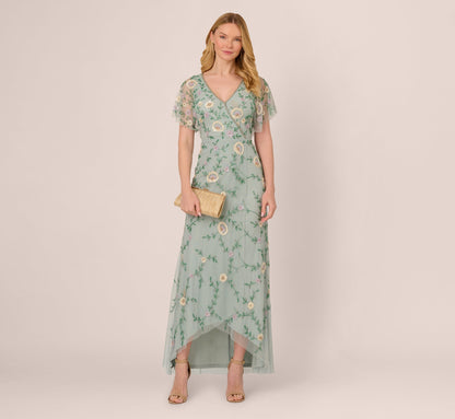 Flutter Sleeve Beaded Wrap Dress In Aqua Dust