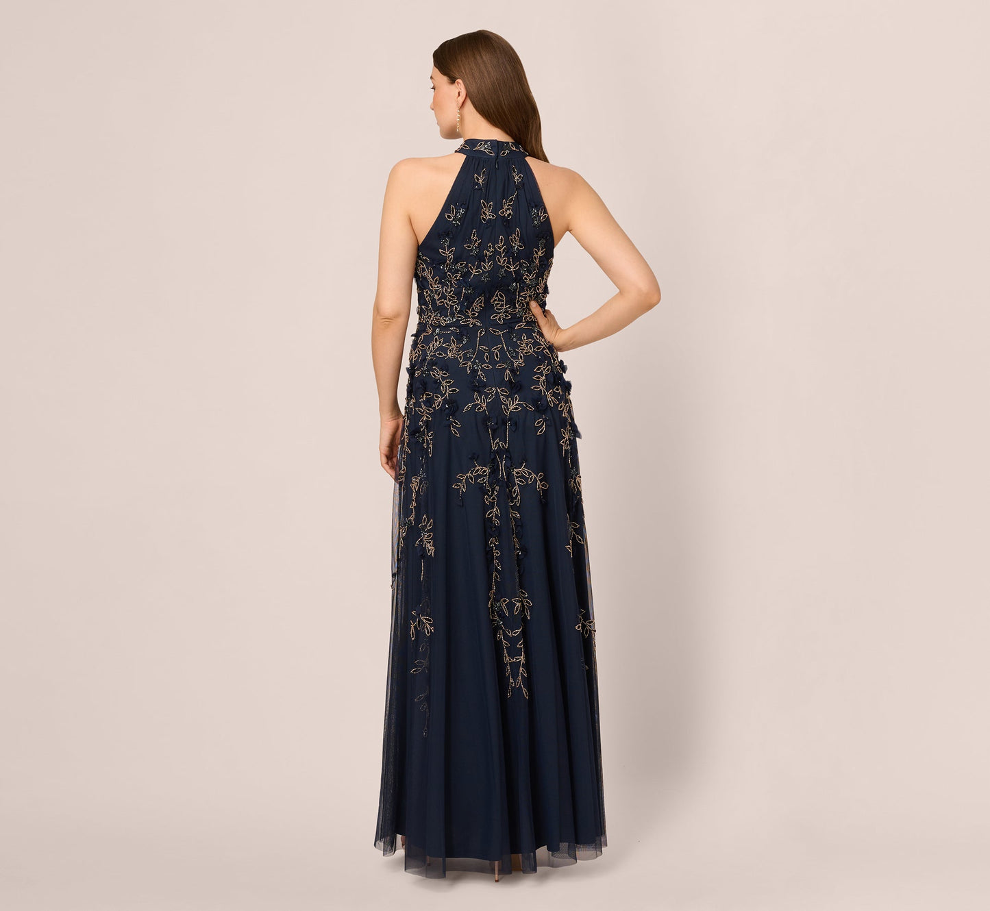 Beaded 3D Petal Halter Gown In Navy Rosegold