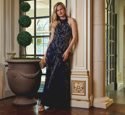 Beaded 3D Petal Halter Gown In Navy Rosegold