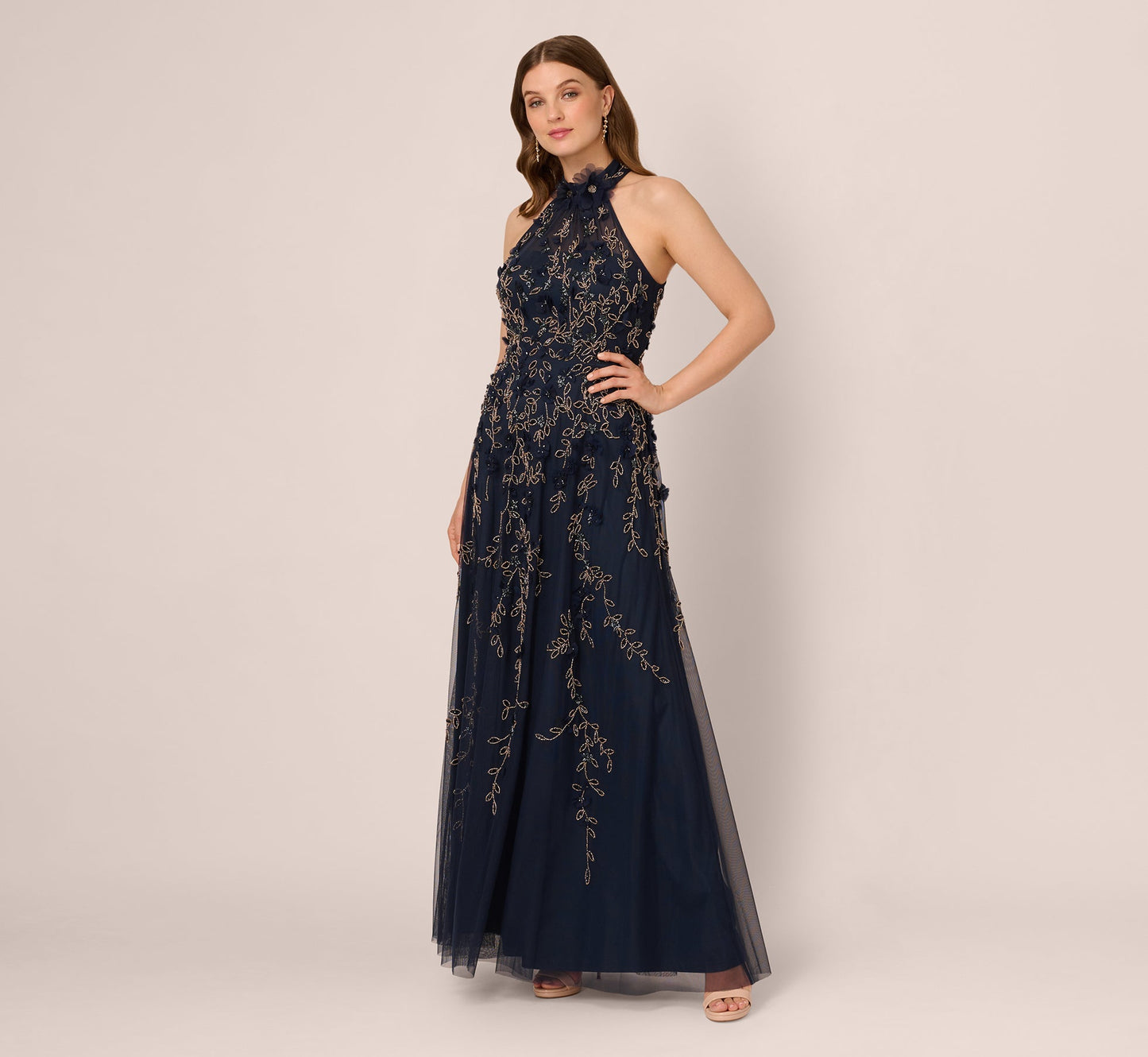 Beaded 3D Petal Halter Gown In Navy Rosegold