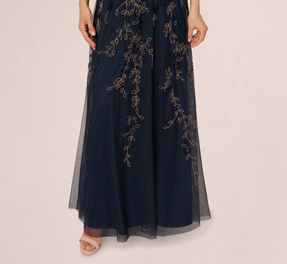 Beaded 3D Petal Halter Gown In Navy Rosegold