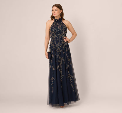 Beaded 3D Petal Halter Gown In Navy Rosegold