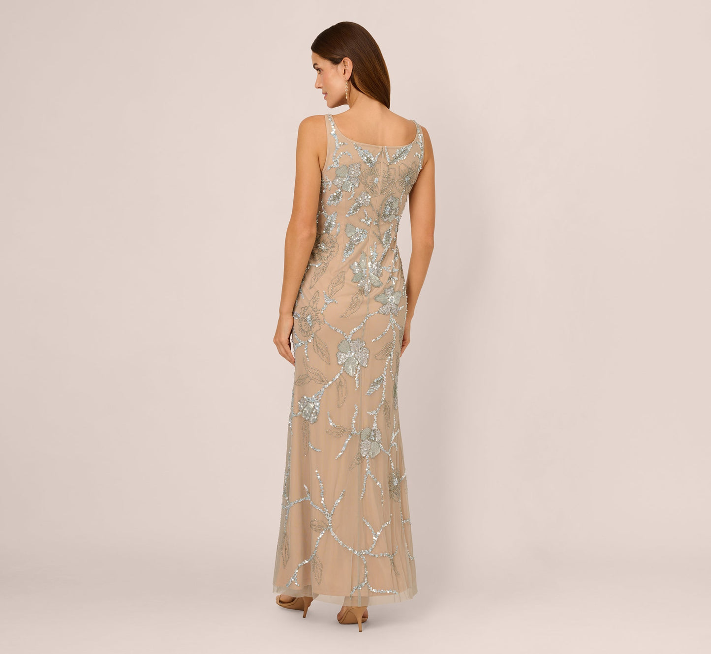 Sleeveless Square Neck Beaded Mermaid Gown In Frosted Sage Nude