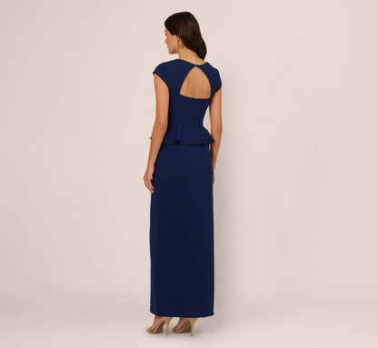 Cap Sleeve Draped Peplum Gown In Navy Sateen