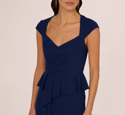 Cap Sleeve Draped Peplum Gown In Navy Sateen
