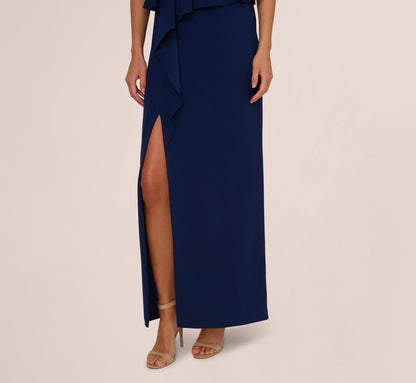 Cap Sleeve Draped Peplum Gown In Navy Sateen