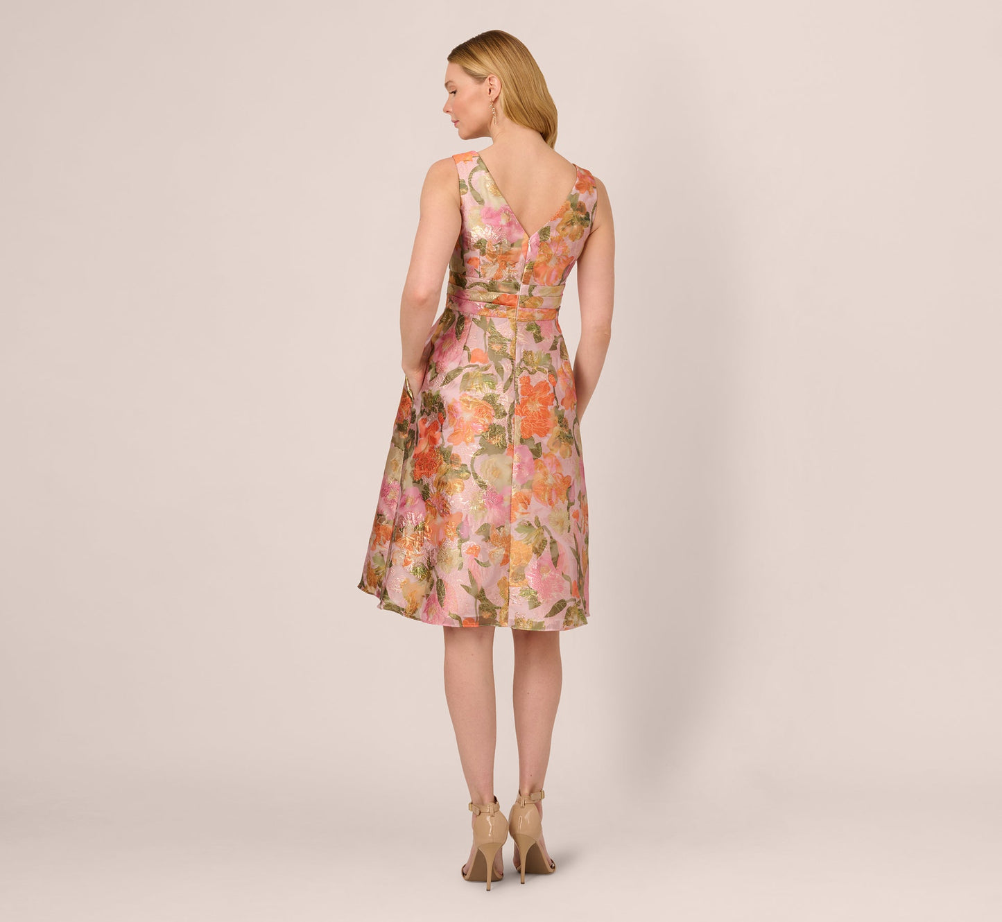 Metallic Floral Jacquard Midi Dress In Yellow Orange Multi