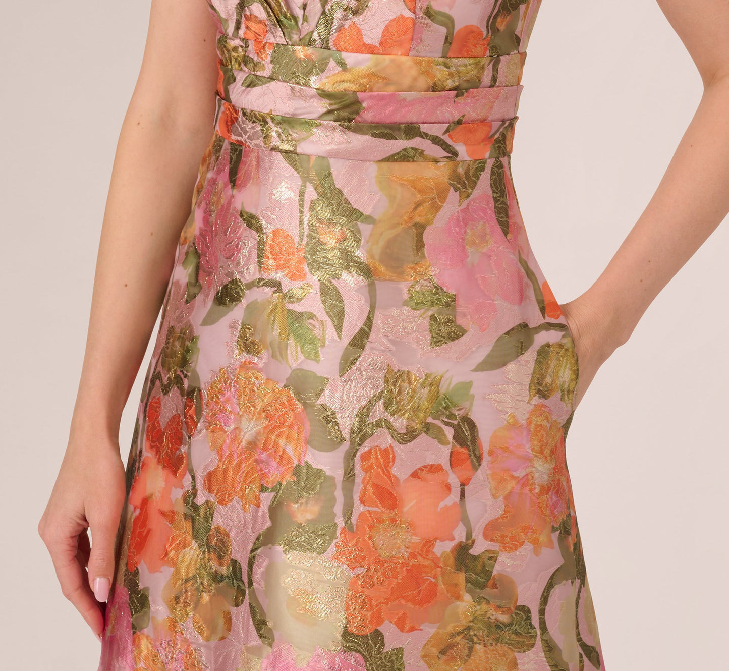 Metallic Floral Jacquard Midi Dress In Yellow Orange Multi