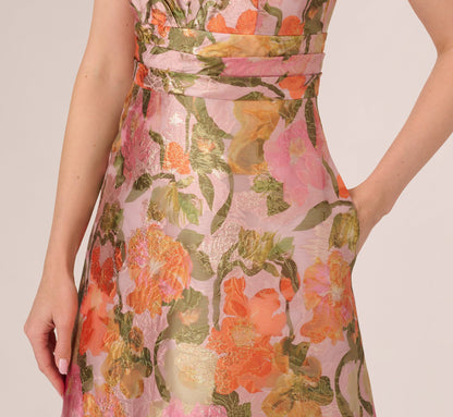 Metallic Floral Jacquard Midi Dress In Yellow Orange Multi