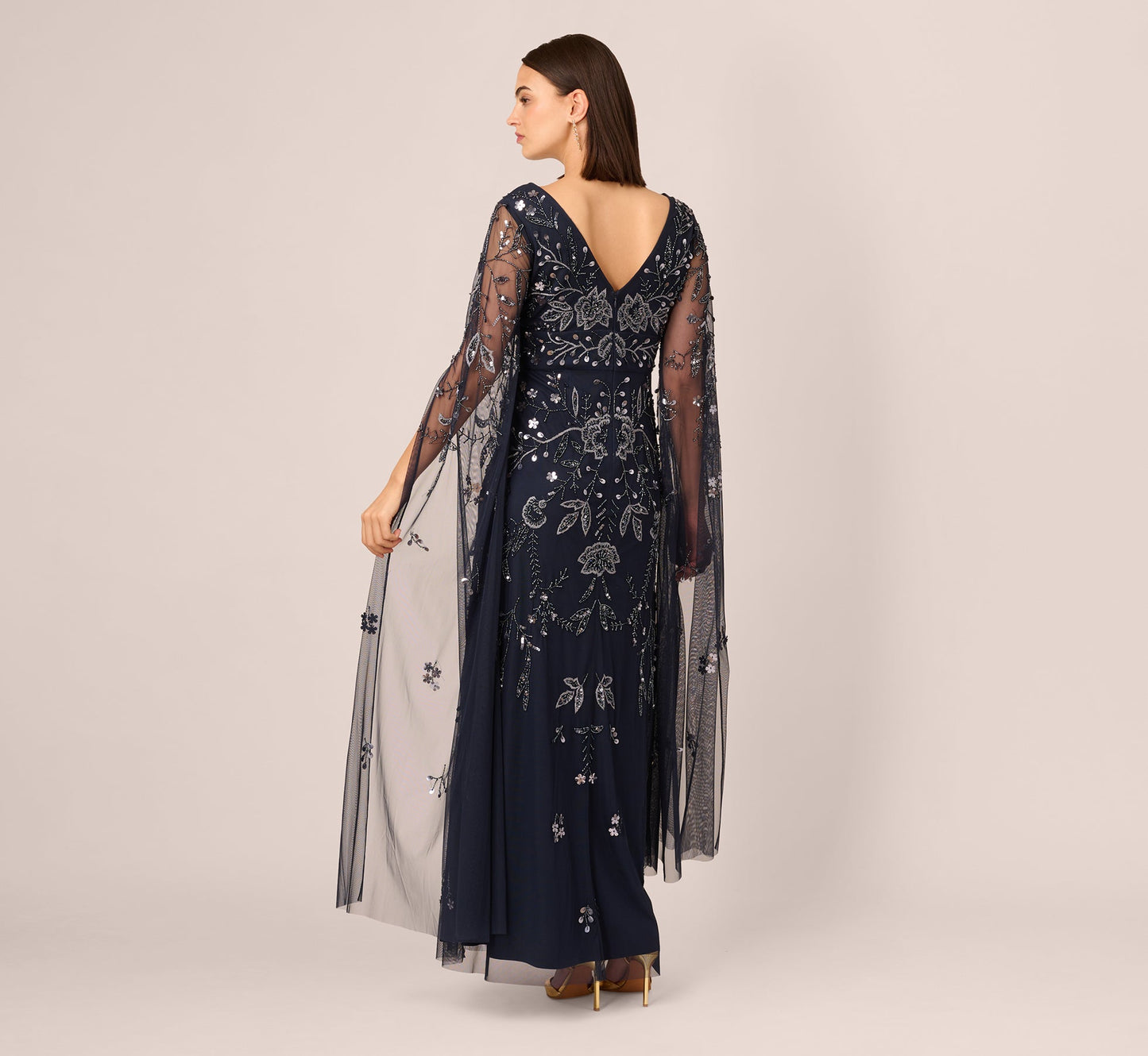 Split Sleeve Floral Beaded Gown In Navy Gunmetal