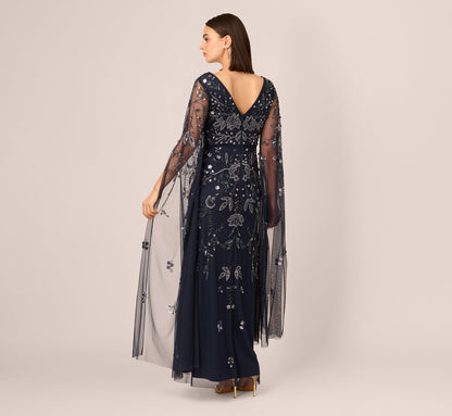 Split Sleeve Floral Beaded Gown In Navy Gunmetal