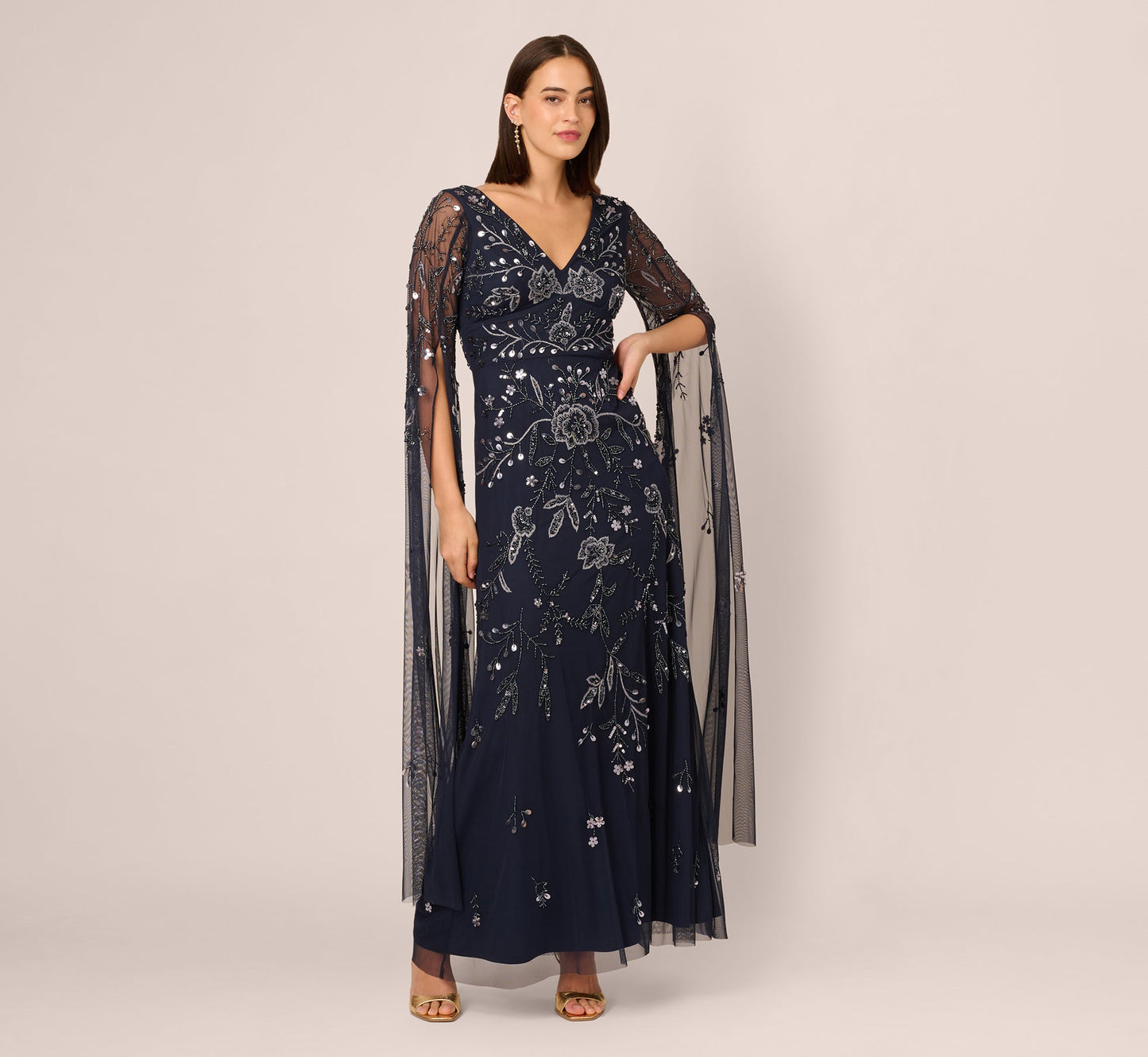 Split Sleeve Floral Beaded Gown In Navy Gunmetal