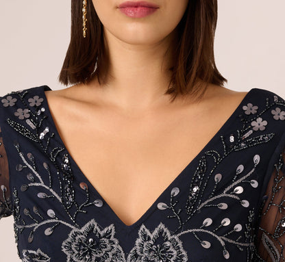 Split Sleeve Floral Beaded Gown In Navy Gunmetal