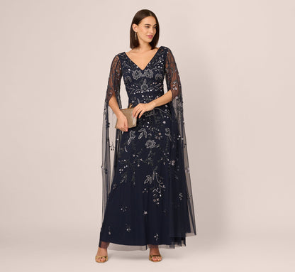 Split Sleeve Floral Beaded Gown In Navy Gunmetal