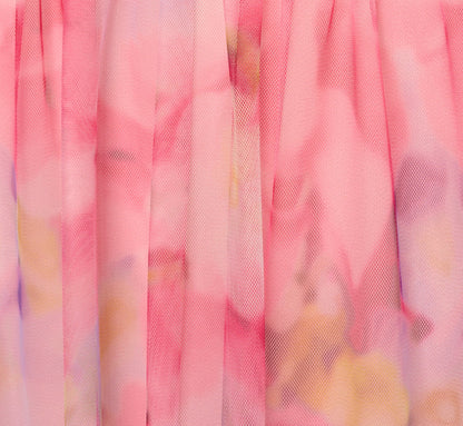 Plus Size Off Shoulder Watercolor Print Tulle Gown In Pink Multi