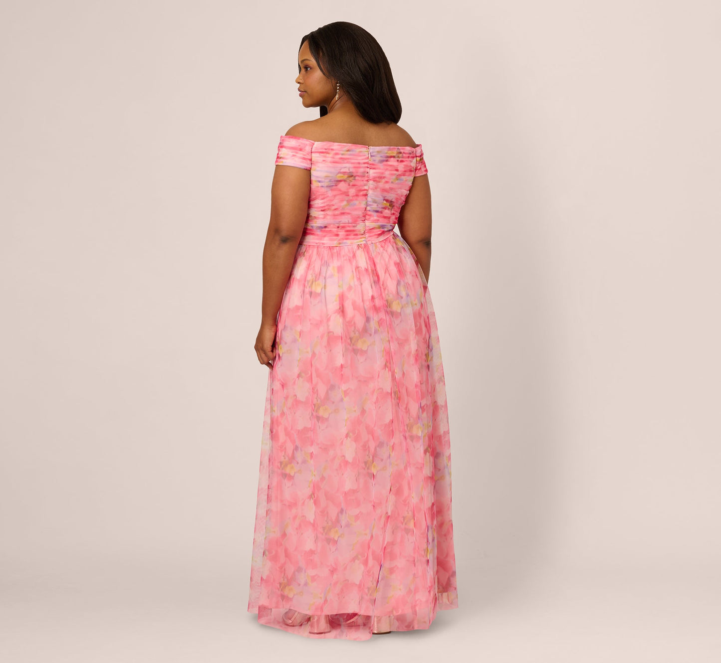 Plus Size Off Shoulder Watercolor Print Tulle Gown In Pink Multi