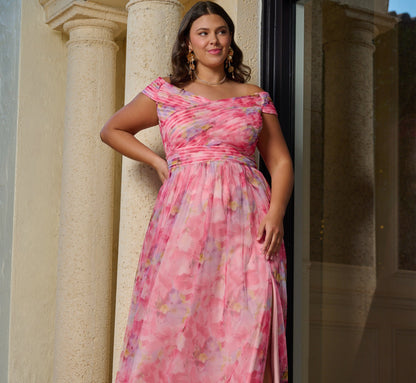 Plus Size Off Shoulder Watercolor Print Tulle Gown In Pink Multi