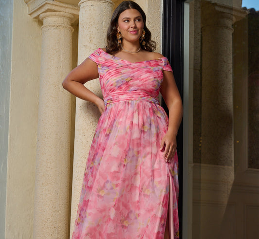Plus Size Off Shoulder Watercolor Print Tulle Gown In Pink Multi